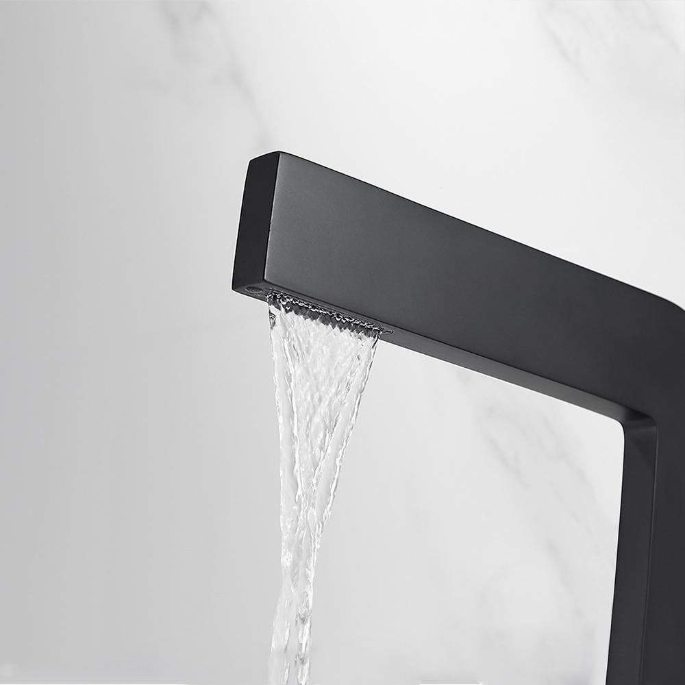 Matte Black Waterfall Single Handle Bathroom Sink Faucet Solid Brass with Escutcheon