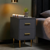 Modern White Rectangle Nightstand with 2 Drawers and Gold Metal Base