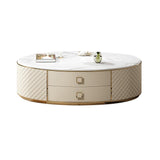 Orand Modern White Oval Marble Top Coffee Table Microfiber Leather with 2 Drawers