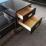 Modern Black Side Cabinet with Tempered Glass Top Lacquered & 2 Drawers Gold Finish