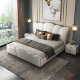 Milky White Microfiber Leather Platform Bed with Curved Headboard, Cal King