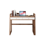 Modern I Shaped Desk Retracted & Extendable Corner Walnut Desk with Storage & 2 Drawers