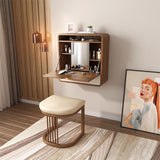 Walnut Makeup Vanity and Cushioned Stool Set Wall Mounted Vanity Table & Movable Mirror