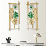 2 piezas de decoración de pared con marco de hoja de metal rectangular dorado y verde