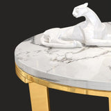 Mesa auxiliar redonda de mármol sintético para sala de estar con estante de almacenamiento de acero inoxidable dorado