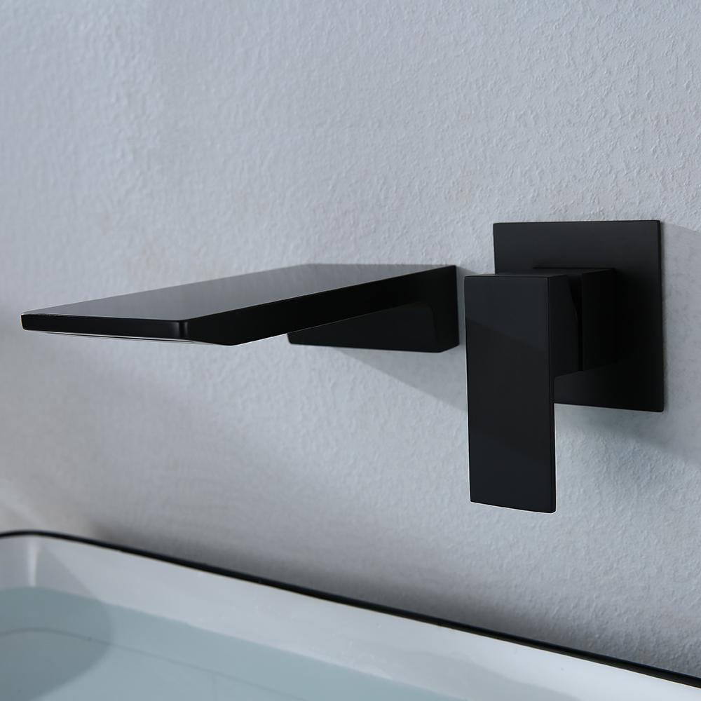 Waterfall Wall Mounted Matte Black Bathroom Sink Faucet Single Handle