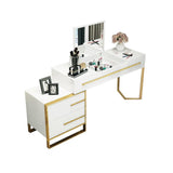 Weißer Make-up-Waschtisch mit aufklappbarem Spiegel und Seitenschrank und Schubladen, goldene Beine