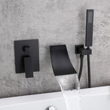 Grifo de llenado de tina de montaje en pared moderno en cascada de una sola manija y ducha de mano en negro mate