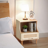 Natural Lightstand Nordic 1-Drawer Rattan Woven Wooden Bedside Table مع تخزين مفتوح