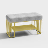 Modern Gray Storage Bench Entryway Bench Velvet Upholstered with Golden Frame & Shelves