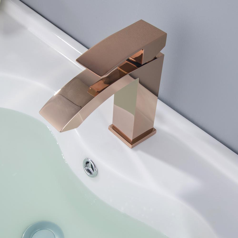 Ridge Modern Design Angled Spout Single Handle Waterfall Bathroom Sink Faucet-RoseGold