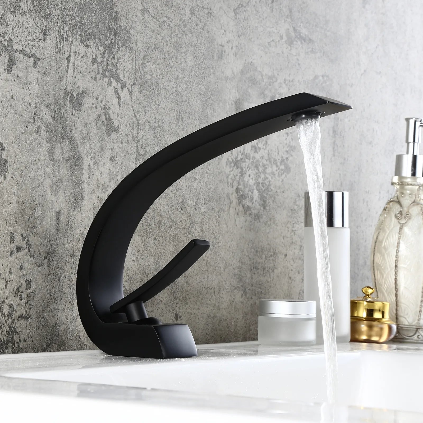 Modern Single Hole 1-Handle C-Shaped Curved Spout Bathroom Sink Faucet with Pop Up Drain in Brushed Nickel