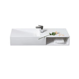 35-Zoll-Badezimmer-Waschbecken aus Steinharz zur Wandmontage in mattem Weiß mit Ablagefach