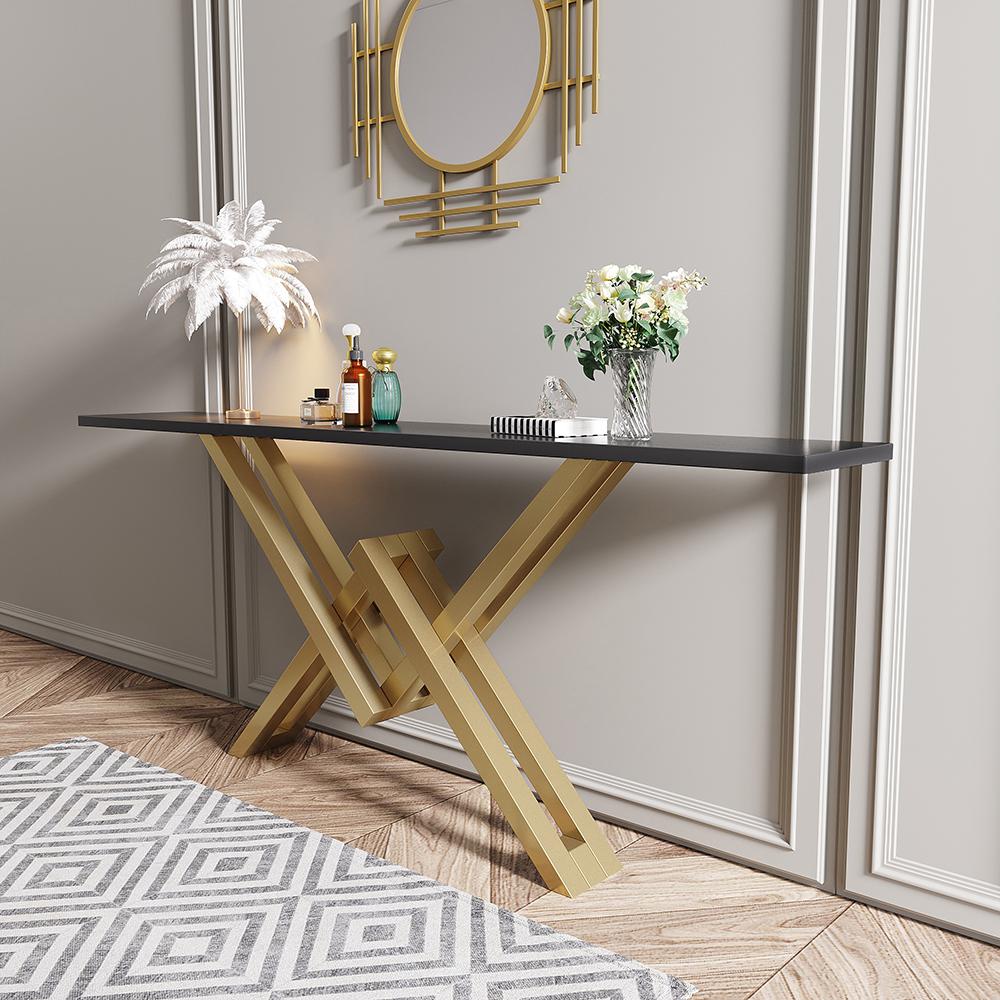 47.2 Black & Gold Narrow Sofa Console Table Entryway Table with Trestle  Metal Base