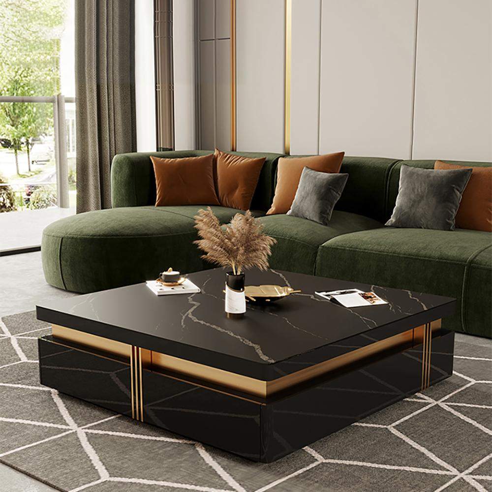 43.3" Modern Black Square Storage Coffee Table Stone Top & 4 Wood Drawers-Richsoul-Coffee Tables,Furniture,Living Room Furniture