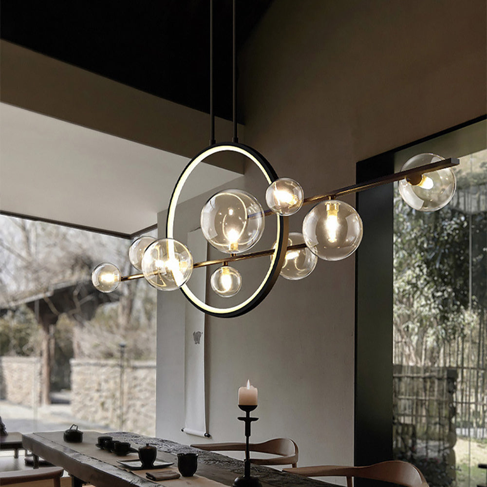 Minimalist 10-Light Glass Globe Shade Black Kitchen Island Light for Dining Room