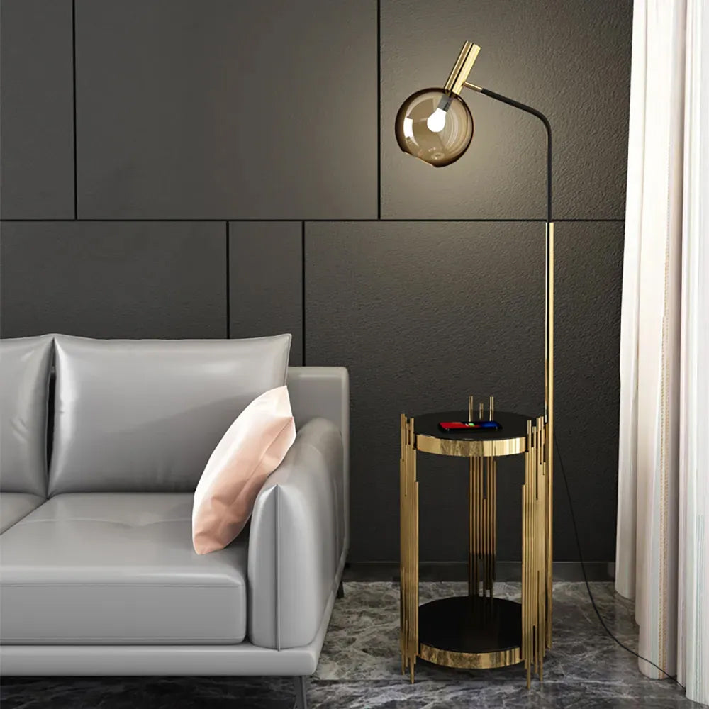 Modern Floor Lamp End Table with Glass Shade, Wireless Charger & USB Port