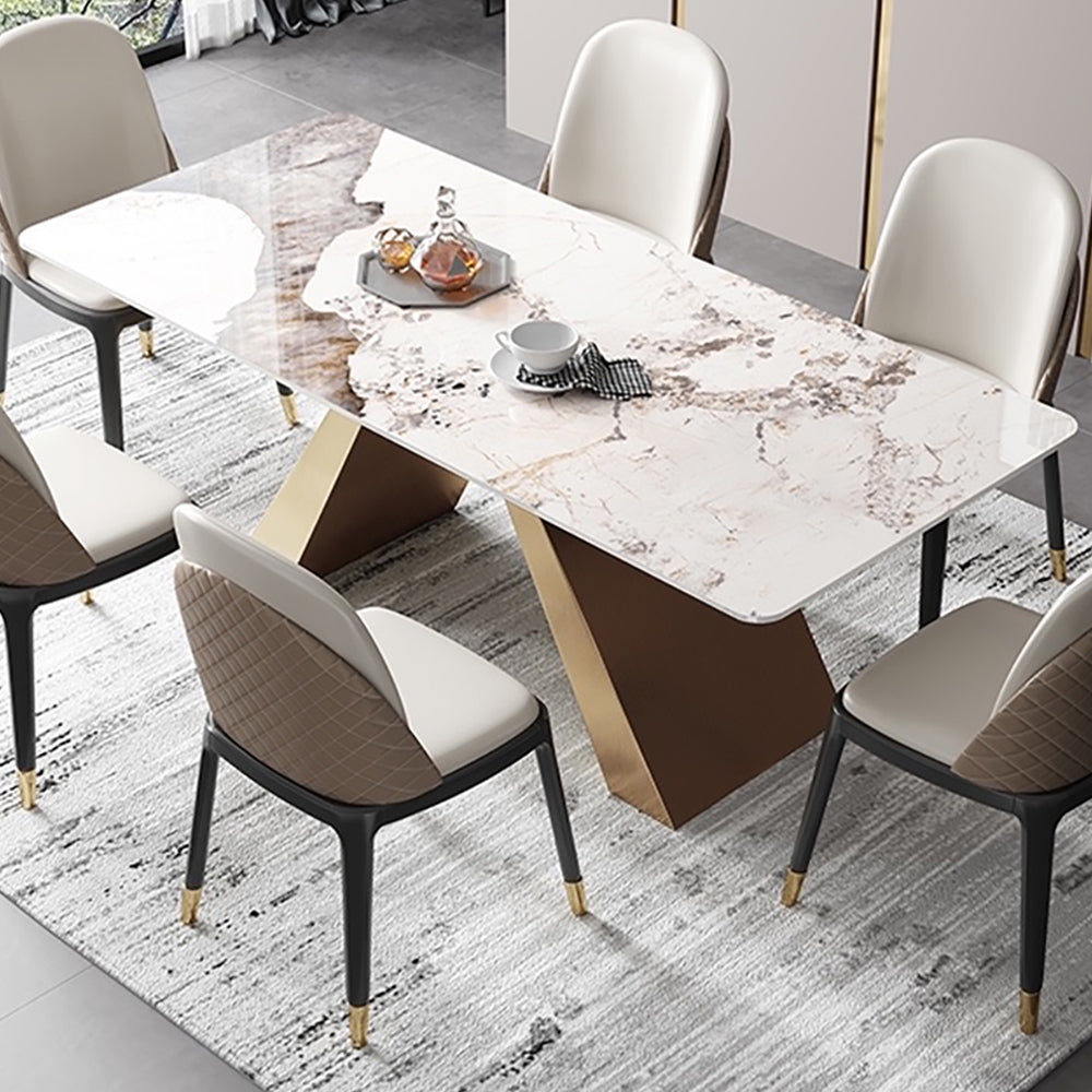 63" Contemporary White Rectangular Stone Dining Table Gold X-Base Dinner Table