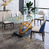 Moderna mesa de comedor rectangular de lujo con tapa de piedra y pedestal de acero inoxidable dorado