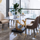 Modern Luxury Rectangular Dining Table Stone Top with Gold Stainless Steel Pedestal
