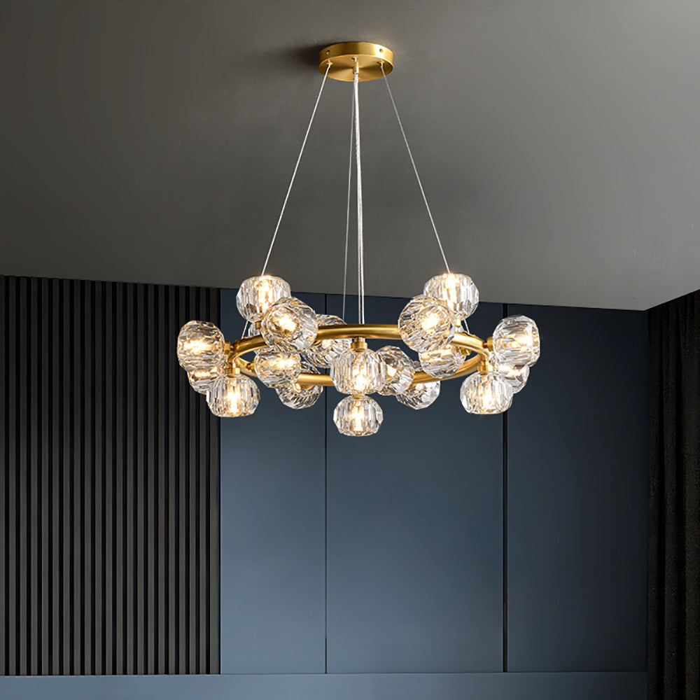 Modern 20-Light Round Brass Chandelier with Crystal Shade for Living Room