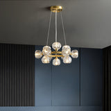 Modern 20-Light Round Brass Chandelier with Crystal Shade for Living Room
