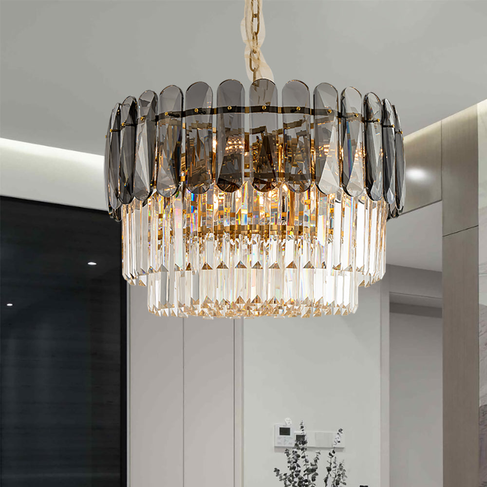 Contemporary 8-Light Crystal Tiered Chandelier in Brass & Gray