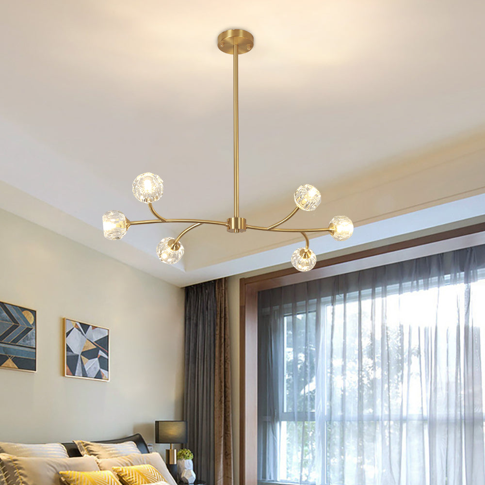 Modern Brass 12-Light Branching Crystal Chandelier for Living Room and Dining Room