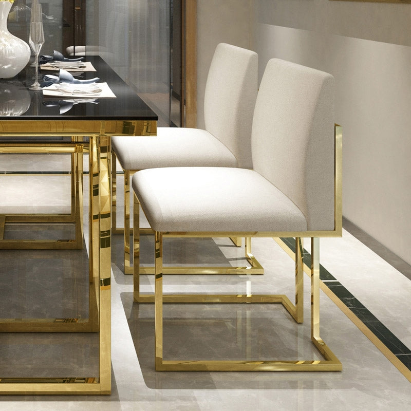 Modern Linen Dining Chair Upholstered in White Stainless Steel Leg Gold Set of 2