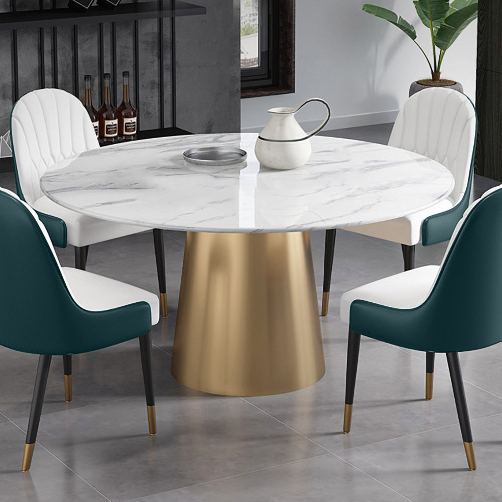 Modern Round Pedestal Marble Dining Table Golden Stainless Steel Base