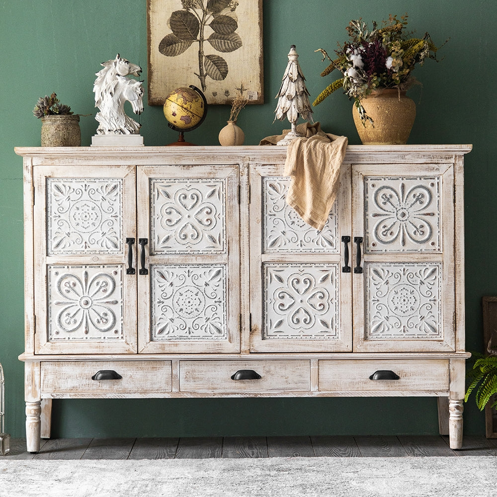 59" Farmhouse Distressed White Sideboard Buffet Artistic Surface with 4 Doors 3 Drawers 2 Shelves