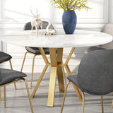 Mesa de comedor de mármol de imitación redonda blanca Mesa moderna para cenar con base de metal en oro