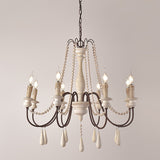 French Country Candle-Style 8-Light Wood Bead Swag 1-TierWooden Chandelier White