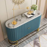 Aparador moderno de lujo con 2 puertas y estructura de acero inoxidable con superficie de mármol en gabinete dorado, mesa de buffet, azul y blanco