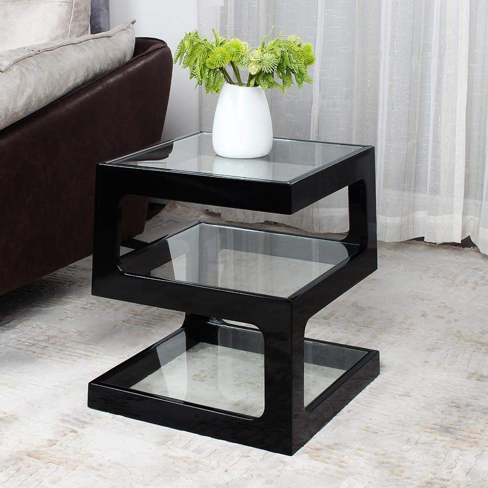 Modern Glass Side Table with 3 Tiers S-shaped End Table in Walnut-Richsoul-End &amp; Side Tables,Furniture,Living Room Furniture