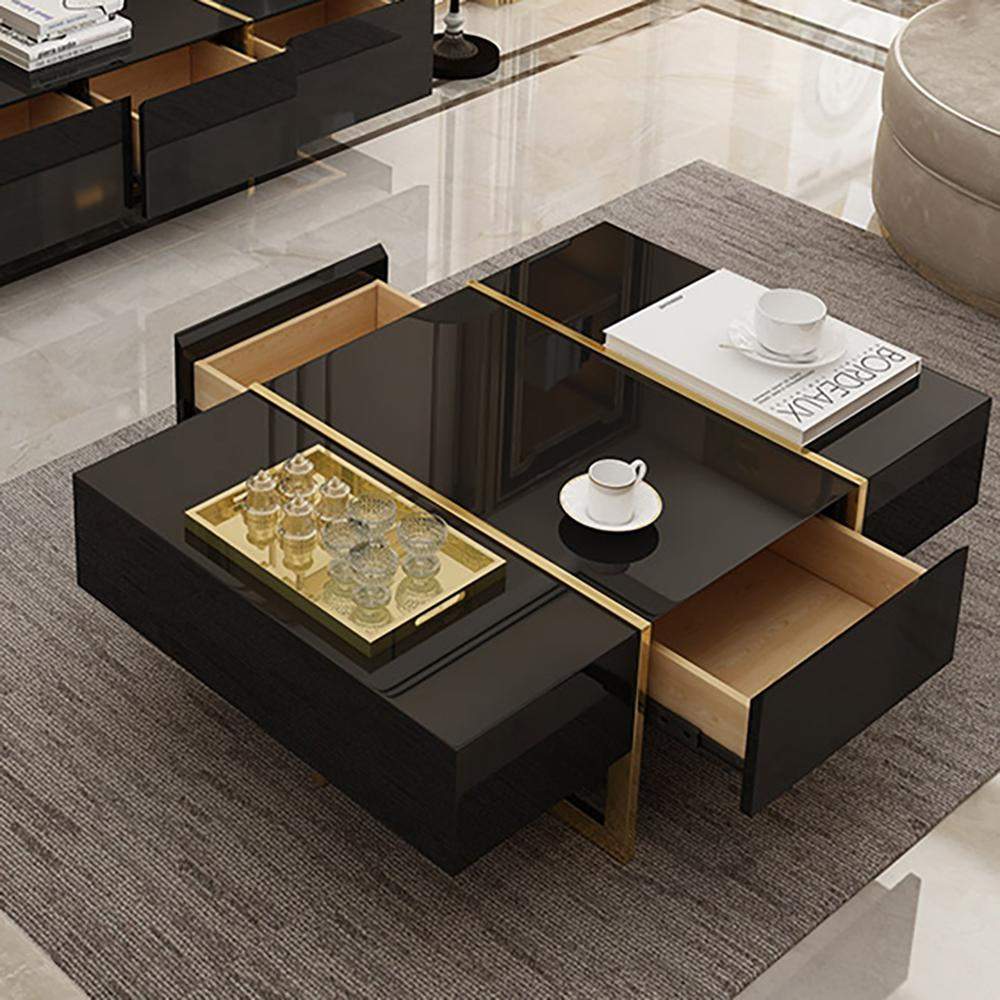 White Rectangular Coffee Table with Stainless Steel Base & Storage-Richsoul-Coffee Tables,Furniture,Living Room Furniture