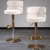 Swivel Bar Stool with Backrest Adjustable Height Beige Velvet Upholstery in Gold Finish