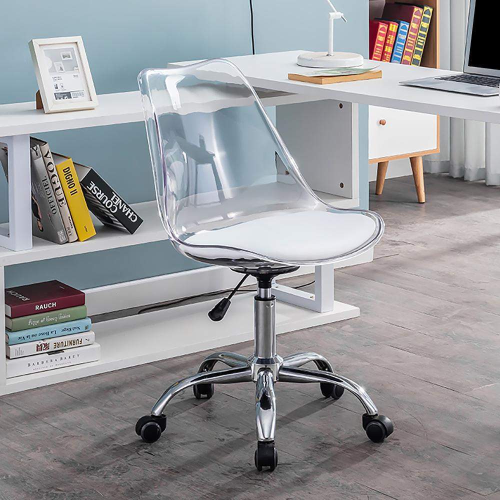 Modern Swivel Office Chair Clear Plastic Desk Chair with Adjustable Height in White-Furniture,Office Chairs,Office Furniture