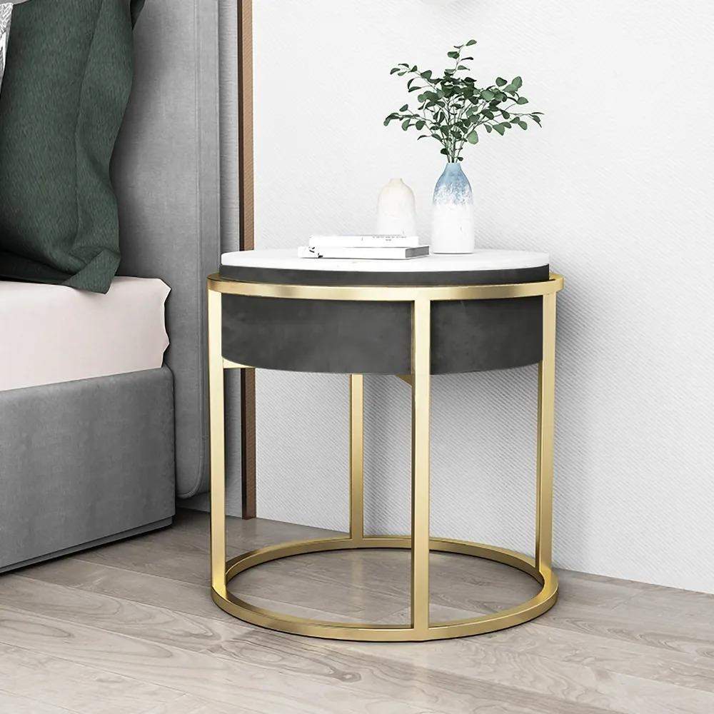 Gray Round Stone Side Table Velvet Gold Finish-Richsoul-End &amp; Side Tables,Furniture,Living Room Furniture