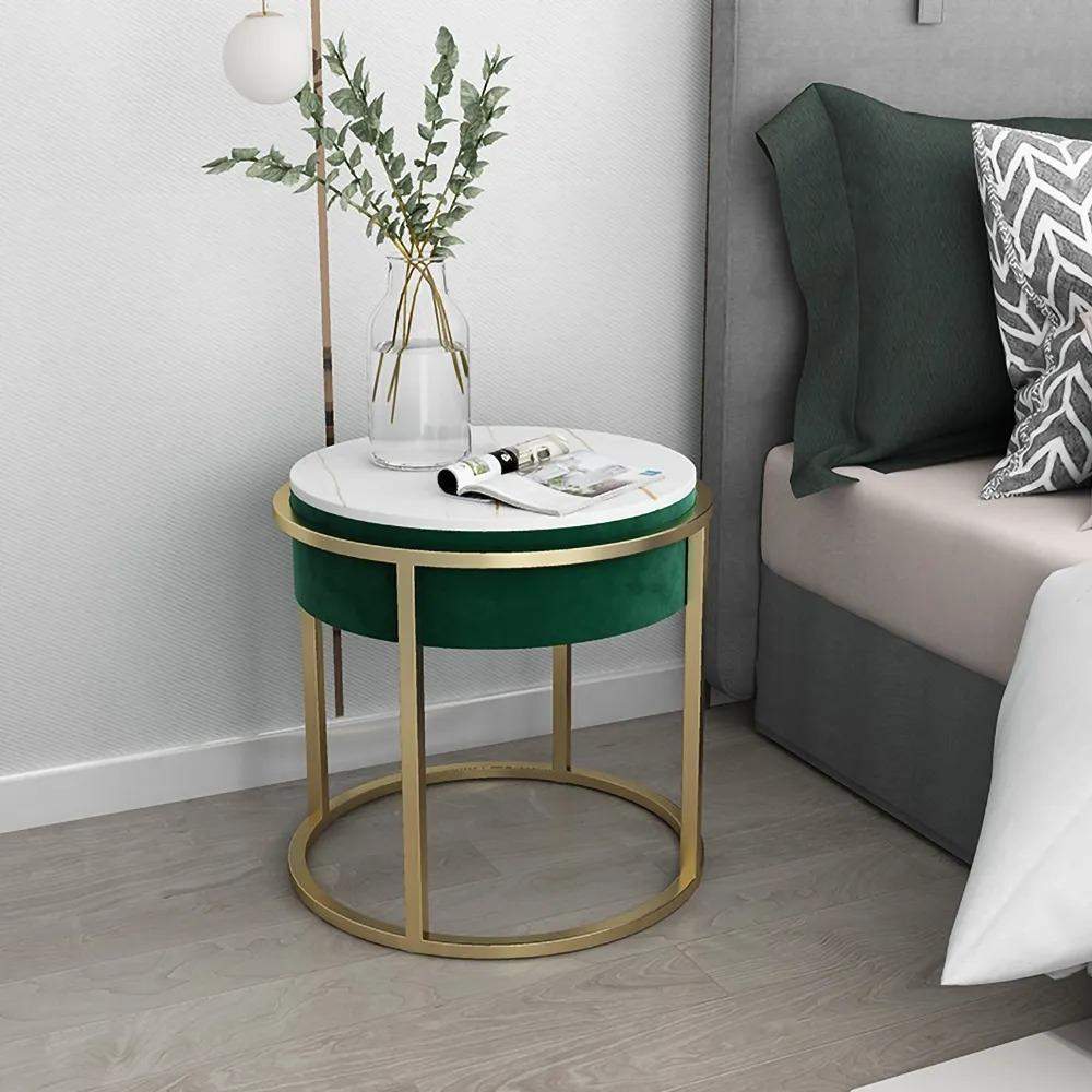 Gray Round Stone Side Table Velvet Gold Finish-Richsoul-End &amp; Side Tables,Furniture,Living Room Furniture