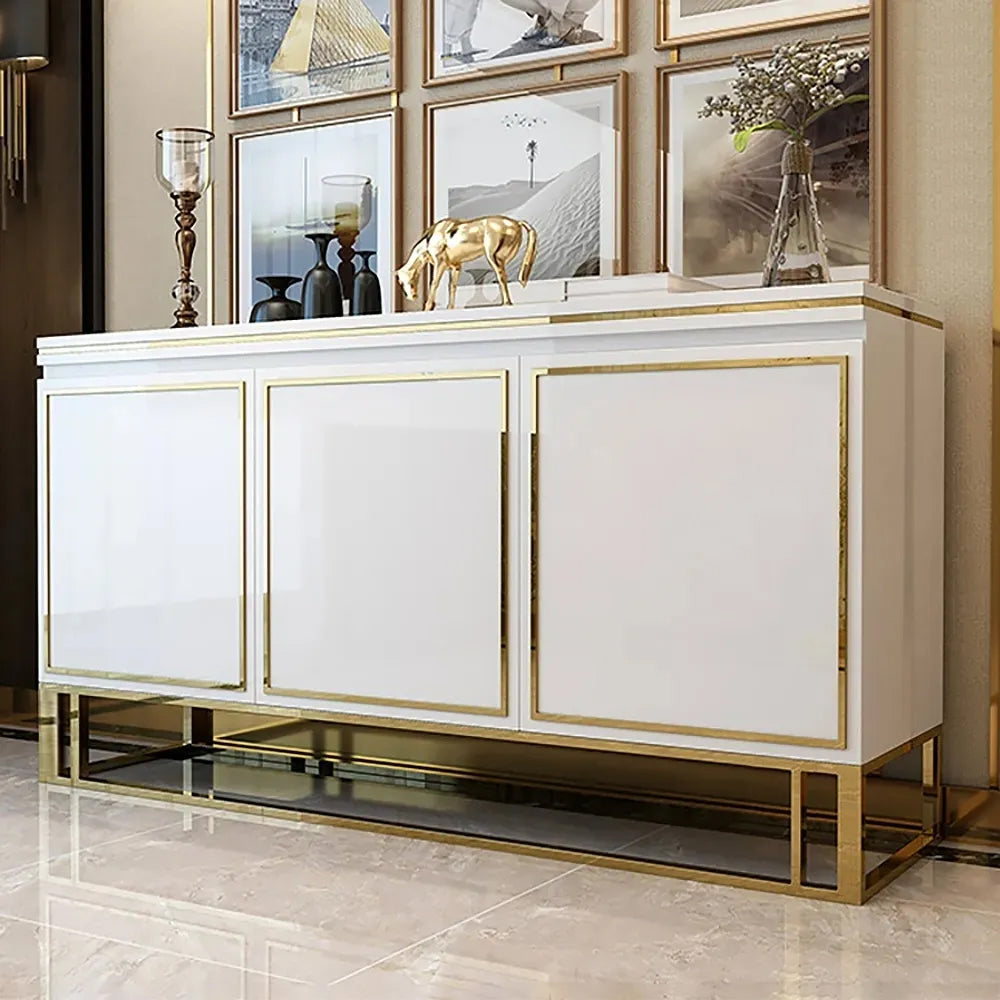 59" White Wood Sideboard Buffet Cabinet with Storage 3 Doors Gold Base