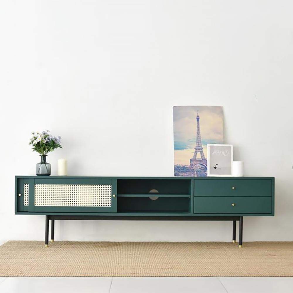 Modern Green TV Stand for 70 inch TV with 2 Drawers & 2 Doors & Rattan Decorated-Richsoul-Furniture,Living Room Furniture,TV Stands