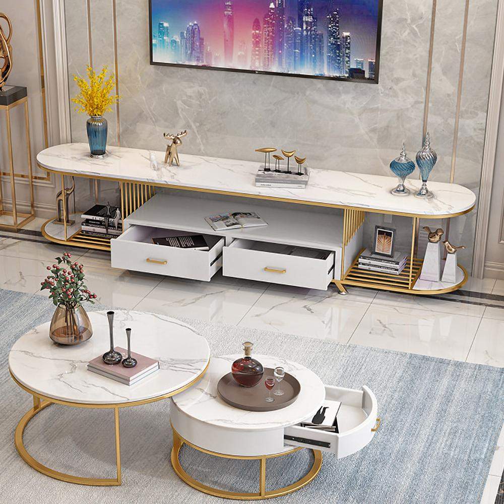 79" Black TV Stand Oval Entertainment Console with Storage in Gold-Richsoul-Furniture,Living Room Furniture,TV Stands