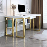 39" Modern White & Gold Rectangular Computer Desk with Keyboard Tray & Storage Shelf-Desks,Furniture,Office Furniture