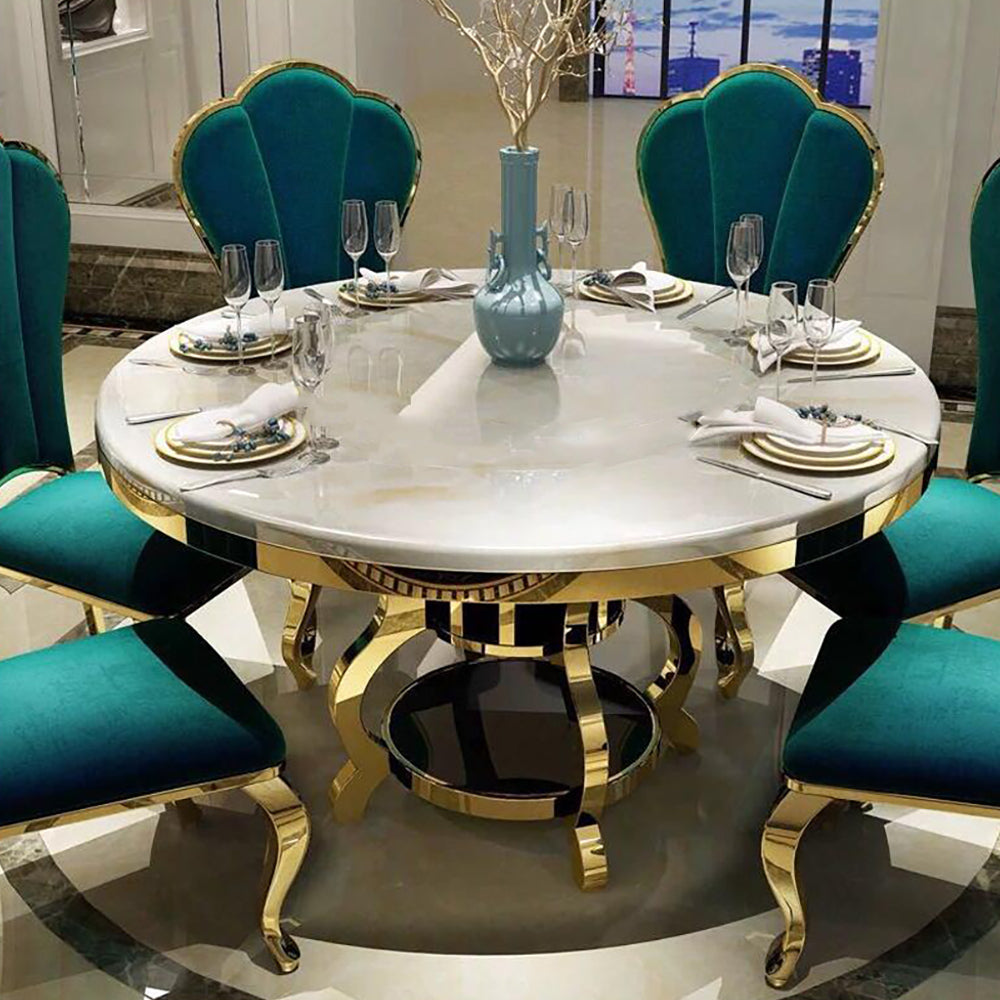 51.2" Modern Round Dining Table Marble Top & Stainless Steel Pedestal in White