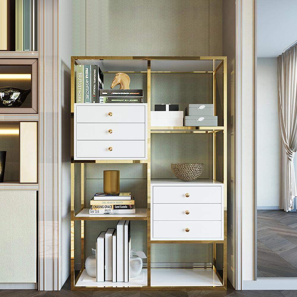 White and Gold Geometric Bookcase 6 Shelves & 6 Drawers Bookshelf-Bookcases &amp; Bookshelves,Furniture,Office Furniture