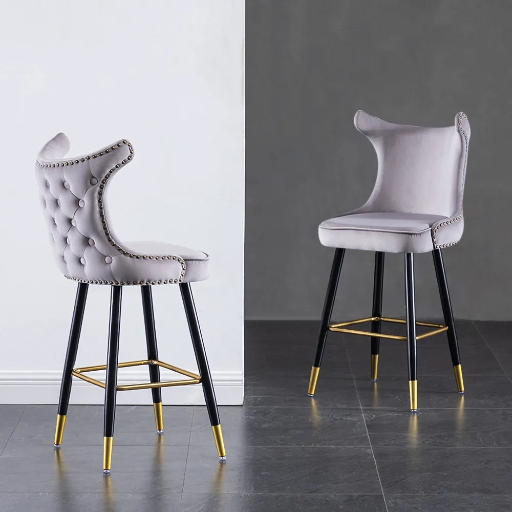 Gray Counter Height Bar Stool Velvet Upholstery with Tufted Back Set of 2