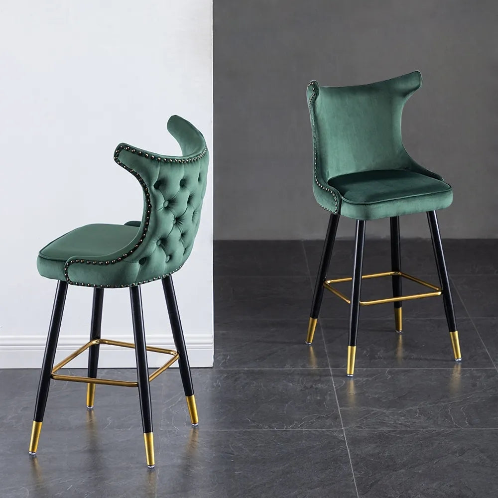 Gray Counter Height Bar Stool Velvet Upholstery with Tufted Back Set of 2