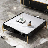 White and Black Faux Marble Square Coffee Table with Storage Gold Legs 2 Drawers and Open Shelves-Richsoul-Coffee Tables,Furniture,Living Room Furniture