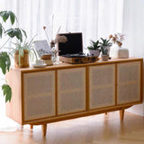 63" Nordic Natural Sideboard Buffet Rattan Kitchen Cabinet 4 Doors 4 Shelves in Small